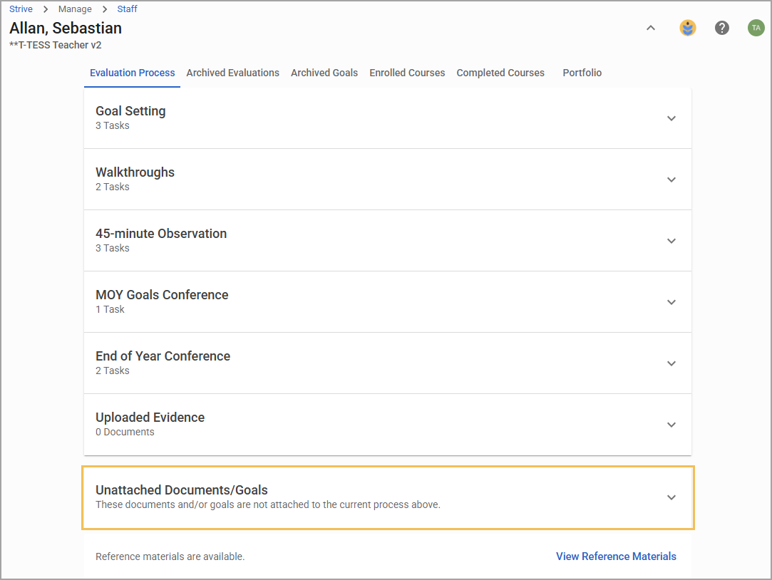 Overview of evaluation process with unattached documents and goals highlighted for attention.